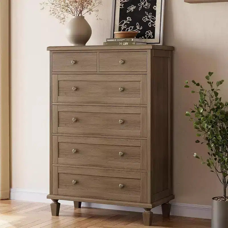 Vintage 6 Drawer Dresser with Tapered Legs, Wooden Tall Chest of Drawers - Ideal for Bedroom Living Room Entryway Office