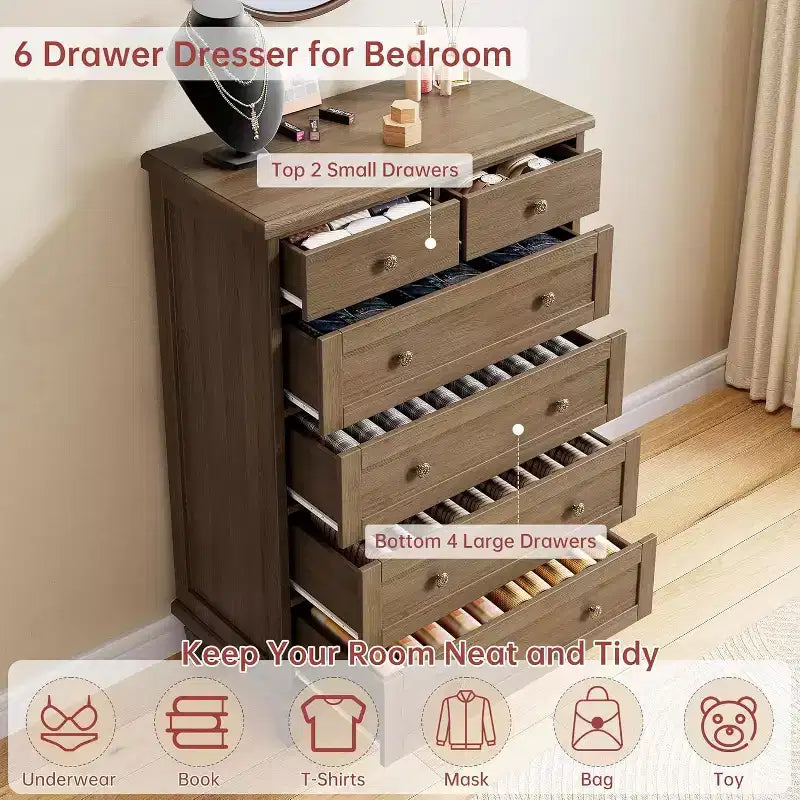 Vintage 6 Drawer Dresser with Tapered Legs, Wooden Tall Chest of Drawers - Ideal for Bedroom Living Room Entryway Office