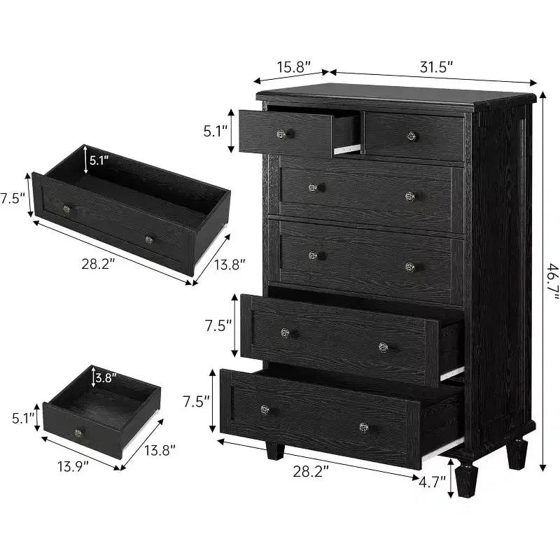 Vintage 6 Drawer Dresser with Tapered Legs, Wooden Tall Chest of Drawers - Ideal for Bedroom Living Room Entryway Office