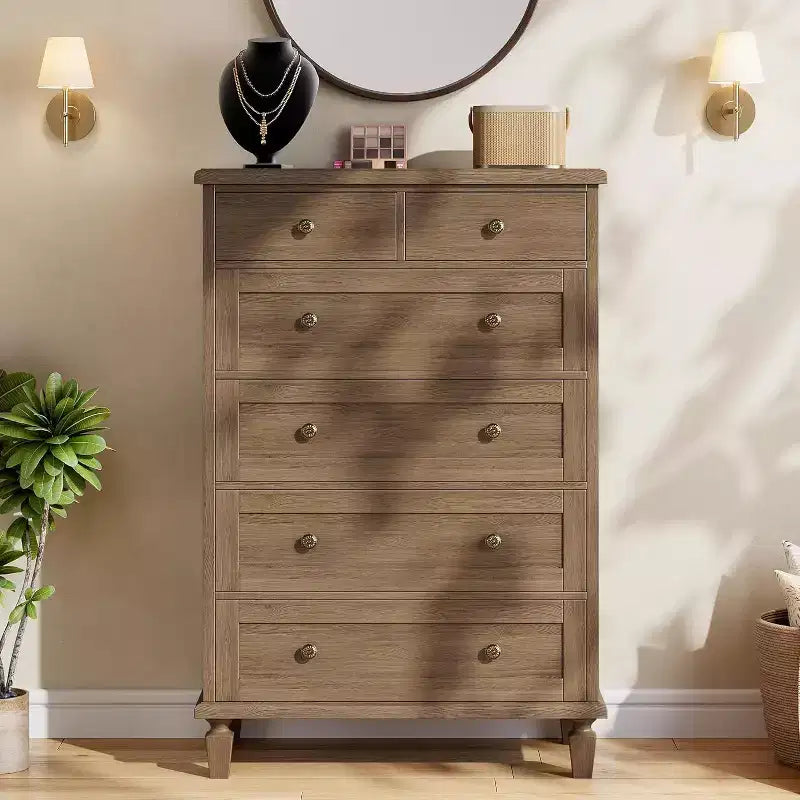 Vintage 6 Drawer Dresser with Tapered Legs, Wooden Tall Chest of Drawers - Ideal for Bedroom Living Room Entryway Office
