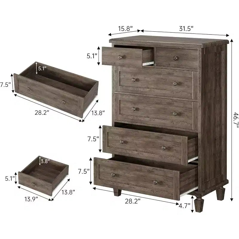 Vintage 6 Drawer Dresser with Tapered Legs, Wooden Tall Chest of Drawers - Ideal for Bedroom Living Room Entryway Office