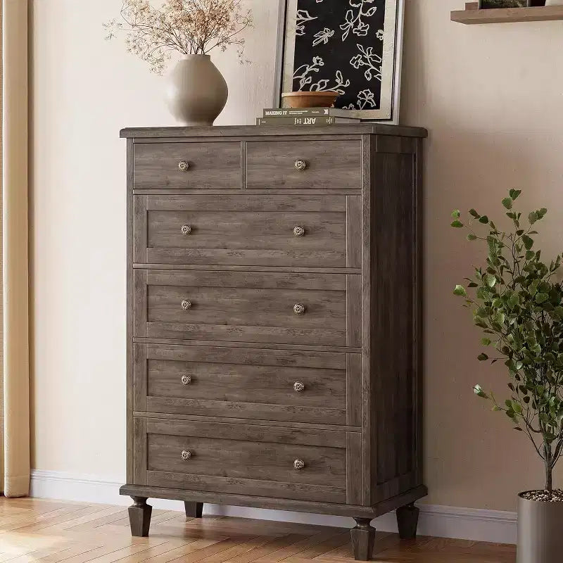 Vintage 6 Drawer Dresser with Tapered Legs, Wooden Tall Chest of Drawers - Ideal for Bedroom Living Room Entryway Office