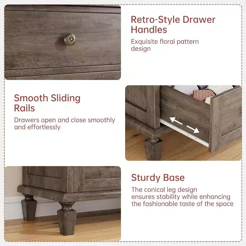 Vintage 6 Drawer Dresser with Tapered Legs, Wooden Tall Chest of Drawers - Ideal for Bedroom Living Room Entryway Office