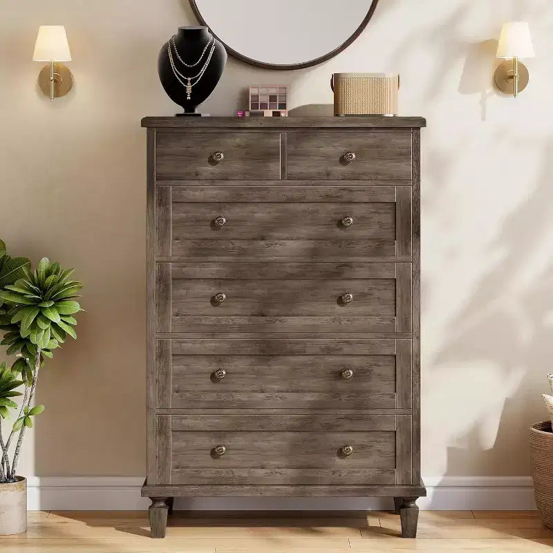 Vintage 6 Drawer Dresser with Tapered Legs, Wooden Tall Chest of Drawers - Ideal for Bedroom Living Room Entryway Office