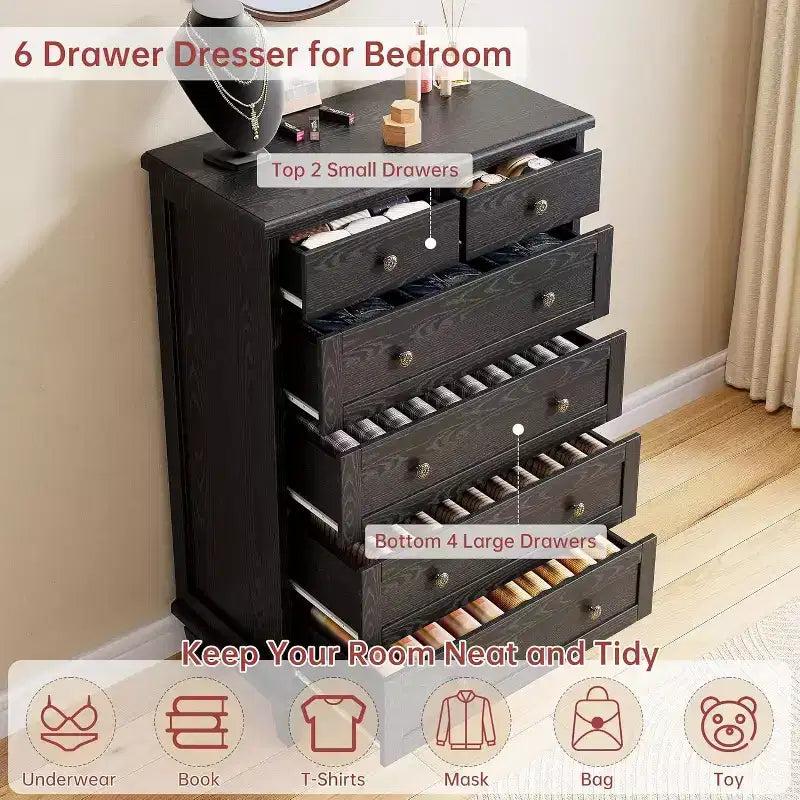 Vintage 6 Drawer Dresser with Tapered Legs, Wooden Tall Chest of Drawers - Ideal for Bedroom Living Room Entryway Office