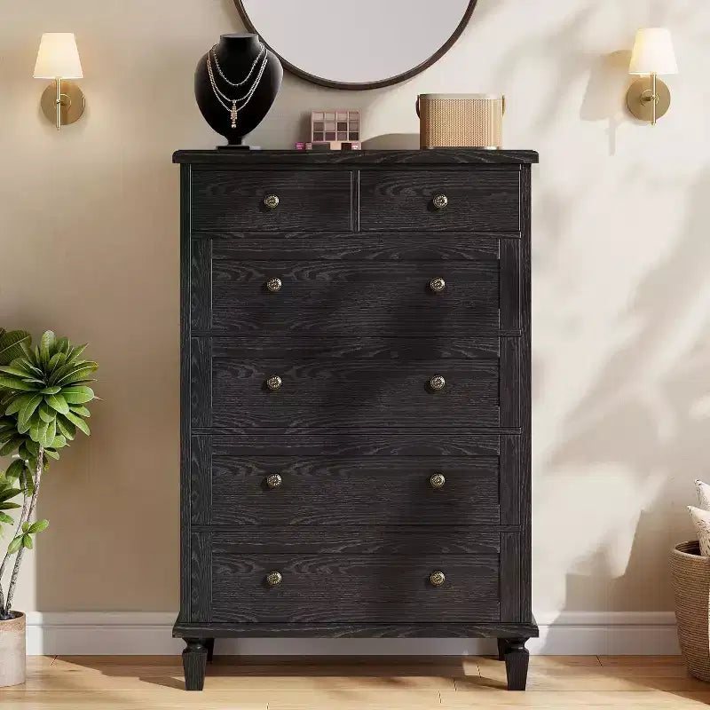 Vintage 6 Drawer Dresser with Tapered Legs, Wooden Tall Chest of Drawers - Ideal for Bedroom Living Room Entryway Office