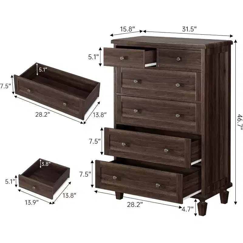Vintage 6 Drawer Dresser with Tapered Legs, Wooden Tall Chest of Drawers - Ideal for Bedroom Living Room Entryway Office