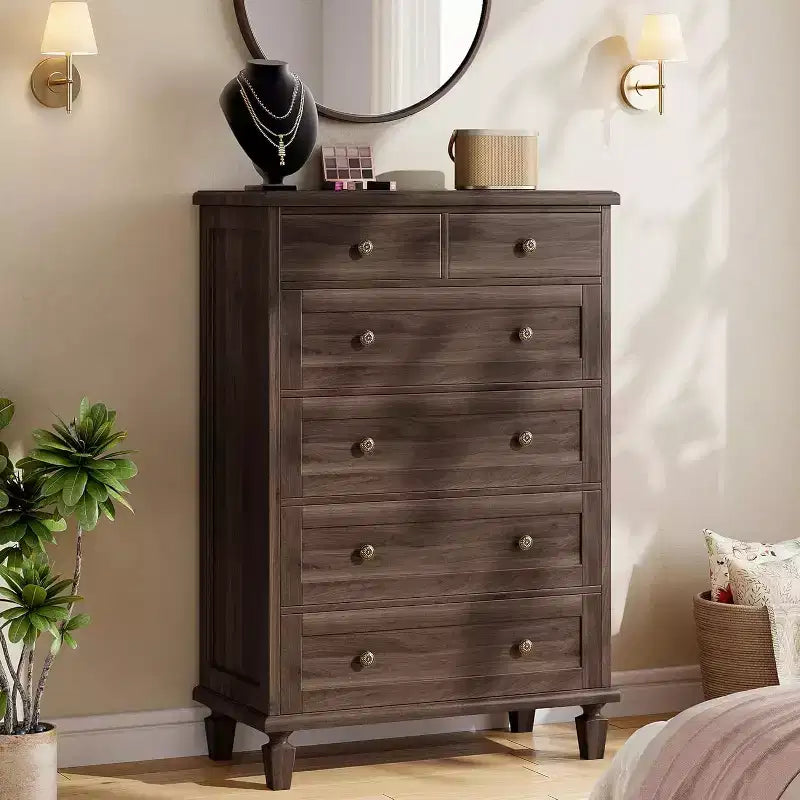 Vintage 6 Drawer Dresser with Tapered Legs, Wooden Tall Chest of Drawers - Ideal for Bedroom Living Room Entryway Office