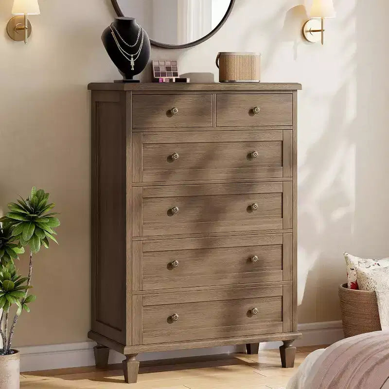 Vintage 6 Drawer Dresser with Tapered Legs, Wooden Tall Chest of Drawers - Ideal for Bedroom Living Room Entryway Office