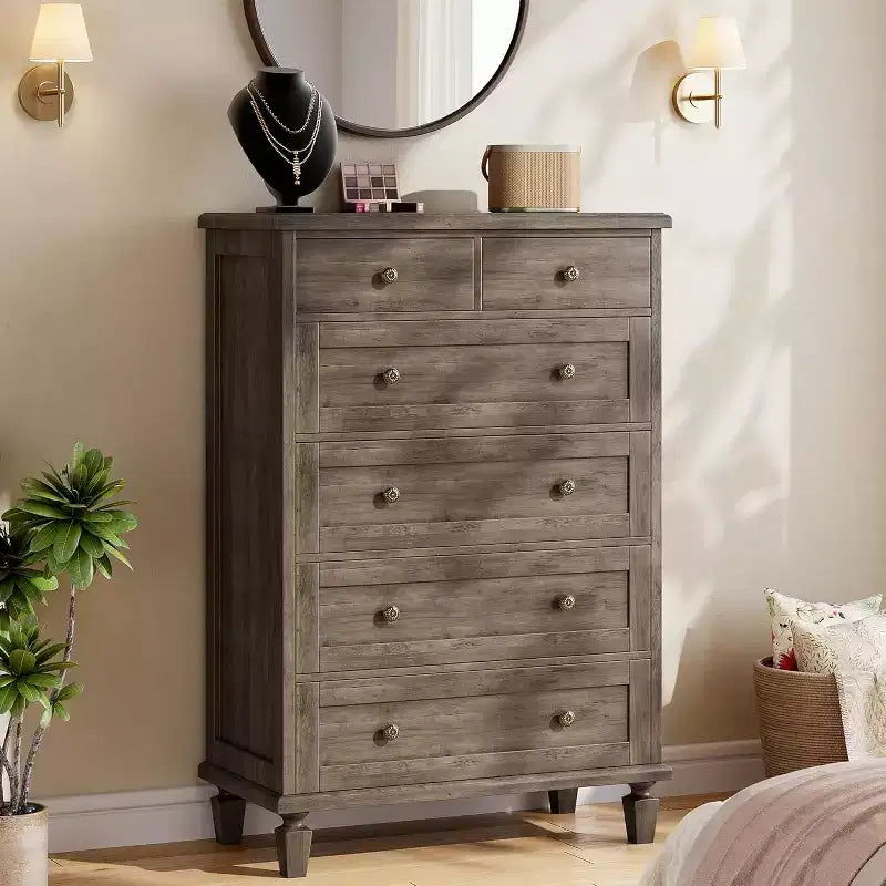 Vintage 6 Drawer Dresser with Tapered Legs, Wooden Tall Chest of Drawers - Ideal for Bedroom Living Room Entryway Office