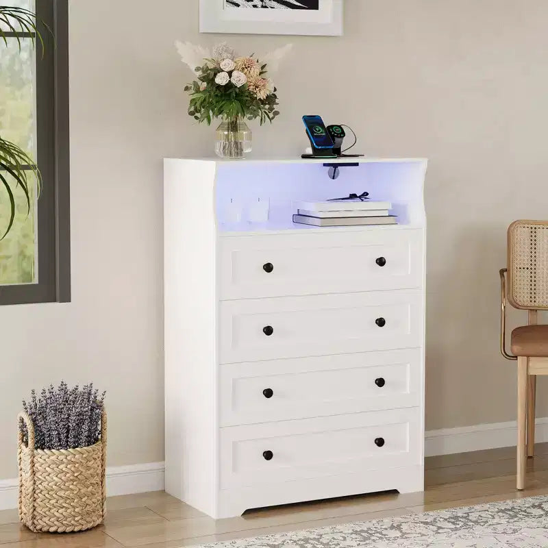 4-Drawer Wooden Dresser w/ LED Lights & Charging Station, Nightstand & Chest of Drawers, Storage Organizer for Bedroom Living Room Hallway Closet