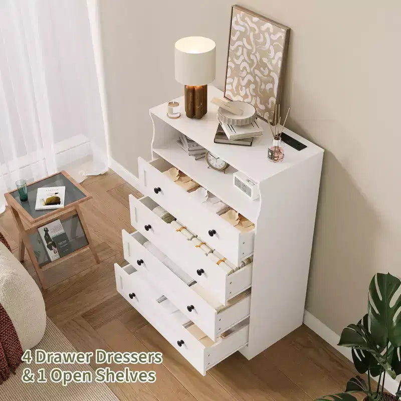 4-Drawer Wooden Dresser w/ LED Lights & Charging Station, Nightstand & Chest of Drawers, Storage Organizer for Bedroom Living Room Hallway Closet