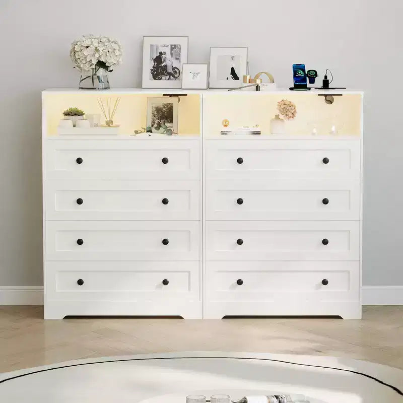 4-Drawer Wooden Dresser w/ LED Lights & Charging Station, Nightstand & Chest of Drawers, Storage Organizer for Bedroom Living Room Hallway Closet