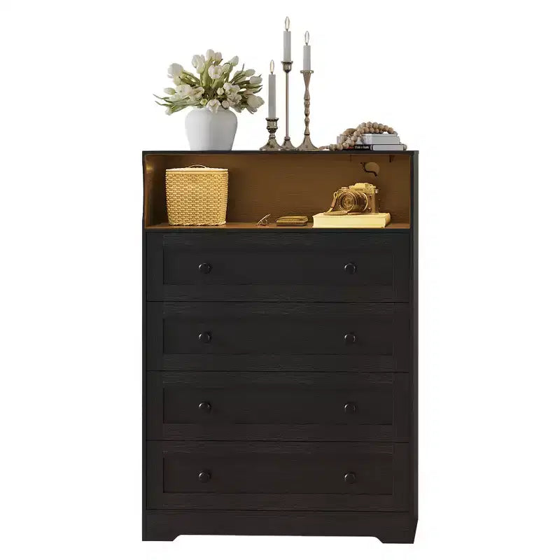 4-Drawer Wooden Dresser w/ LED Lights & Charging Station, Nightstand & Chest of Drawers, Storage Organizer for Bedroom Living Room Hallway Closet