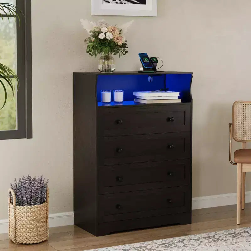 4-Drawer Wooden Dresser w/ LED Lights & Charging Station, Nightstand & Chest of Drawers, Storage Organizer for Bedroom Living Room Hallway Closet