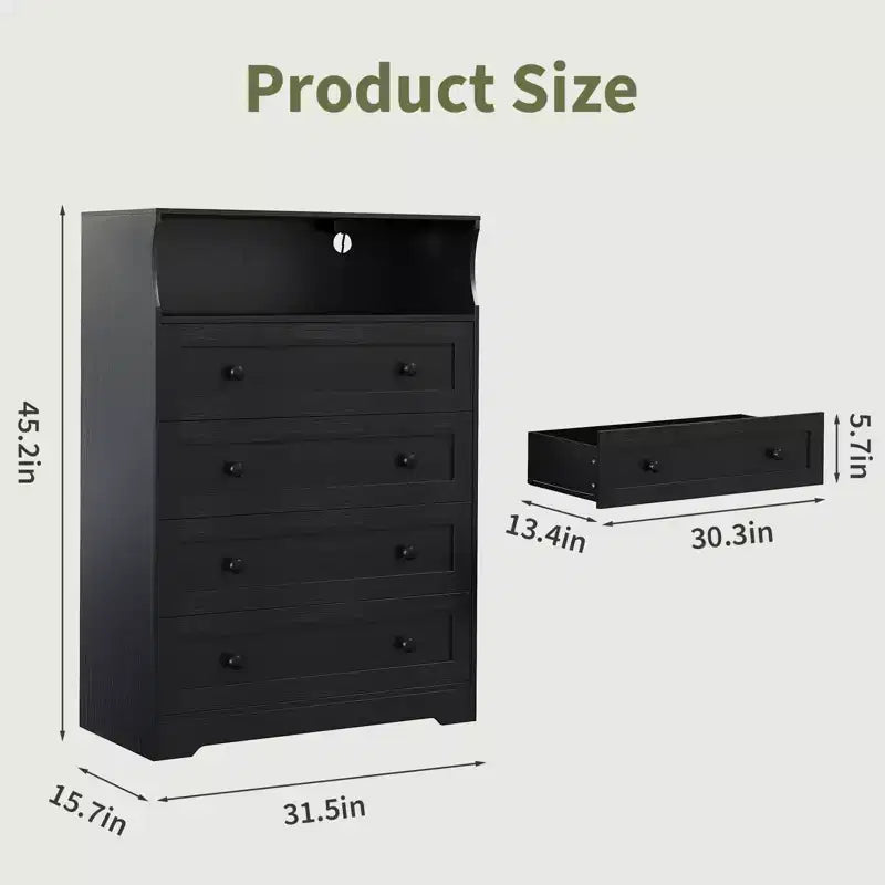 4-Drawer Wooden Dresser w/ LED Lights & Charging Station, Nightstand & Chest of Drawers, Storage Organizer for Bedroom Living Room Hallway Closet