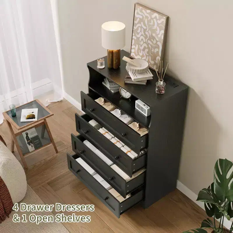 4-Drawer Wooden Dresser w/ LED Lights & Charging Station, Nightstand & Chest of Drawers, Storage Organizer for Bedroom Living Room Hallway Closet