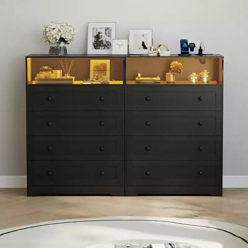 4-Drawer Wooden Dresser w/ LED Lights & Charging Station, Nightstand & Chest of Drawers, Storage Organizer for Bedroom Living Room Hallway Closet