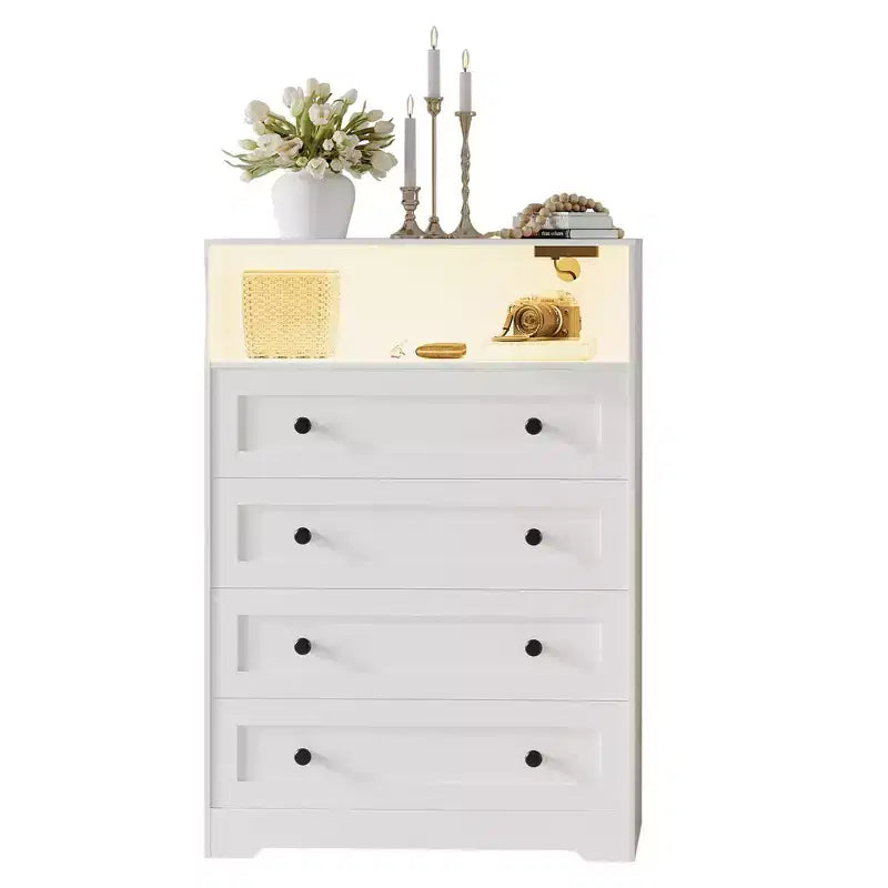 4-Drawer Wooden Dresser w/ LED Lights & Charging Station, Nightstand & Chest of Drawers, Storage Organizer for Bedroom Living Room Hallway Closet