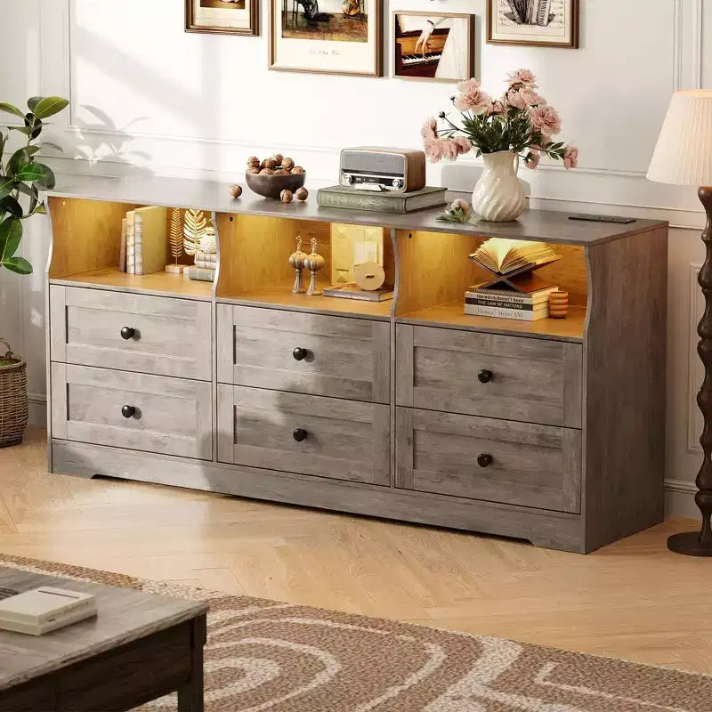 63 6-Drawer Wooden Dresser TV Stand with Power Outlet & Open Shelves, Modern Entertainment Center for Living Room & Bedroom, Chest of Drawers