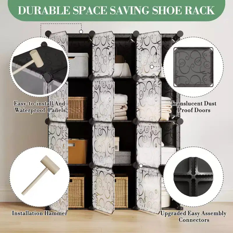 Shoe Cabinet Organizer, Portable Stackable Shoe Rack with 2 Hooks, Freestanding Space Saving Storage for Bedroom, Closet, Entryway, Apartment