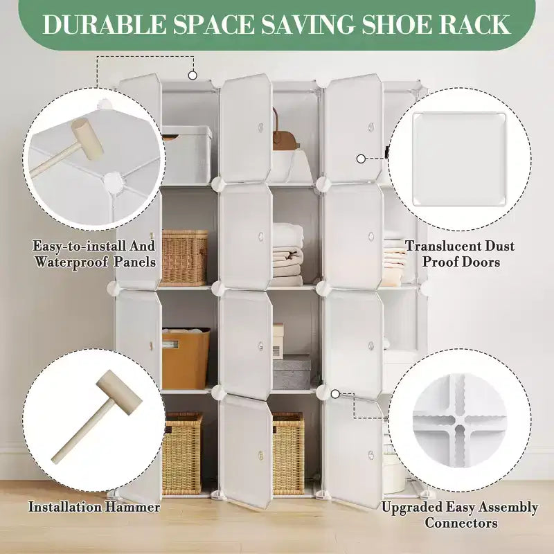 Shoe Cabinet Organizer, Portable Stackable Shoe Rack with 2 Hooks, Freestanding Space Saving Storage for Bedroom, Closet, Entryway, Apartment