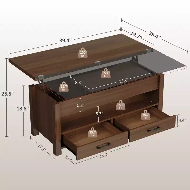 40 Coffee Table,Coffee Table Lift Top with Drawers and Hidden Compartment,Converts to Home Office Table, Dining Table for Living Room