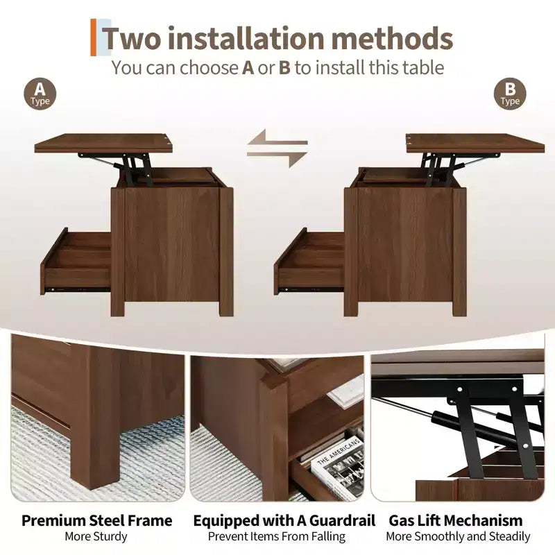 40 Coffee Table,Coffee Table Lift Top with Drawers and Hidden Compartment,Converts to Home Office Table, Dining Table for Living Room