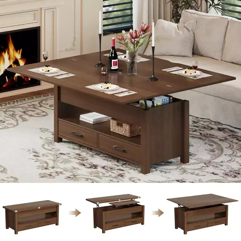 40 Coffee Table,Coffee Table Lift Top with Drawers and Hidden Compartment,Converts to Home Office Table, Dining Table for Living Room