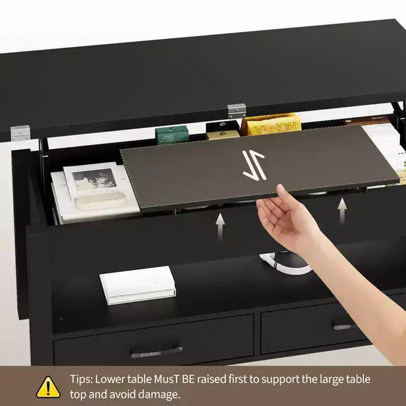 40 Coffee Table,Coffee Table Lift Top with Drawers and Hidden Compartment,Converts to Home Office Table, Dining Table for Living Room