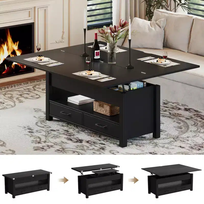 40 Coffee Table,Coffee Table Lift Top with Drawers and Hidden Compartment,Converts to Home Office Table, Dining Table for Living Room