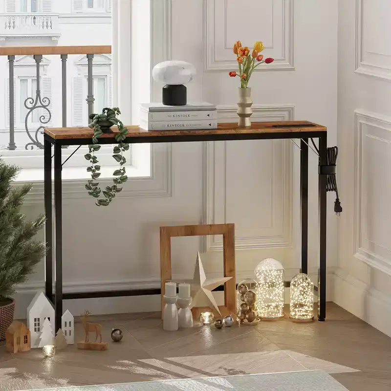 Narrow Black Console Table for Entryway or Sofa Back  Slim Metal and Wood Accent Table for Living Room, Bedroom