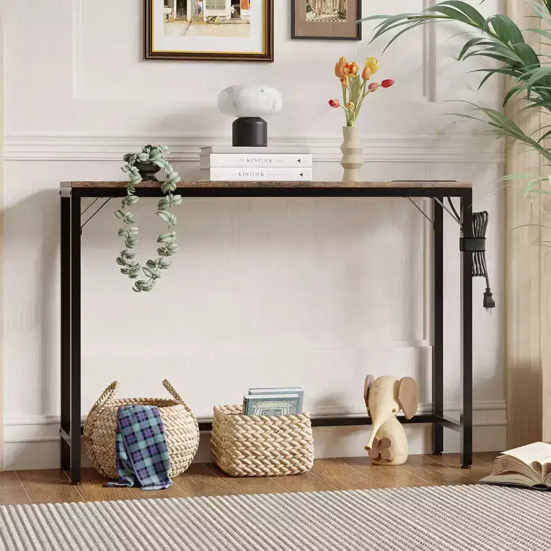 Narrow Black Console Table for Entryway or Sofa Back  Slim Metal and Wood Accent Table for Living Room, Bedroom