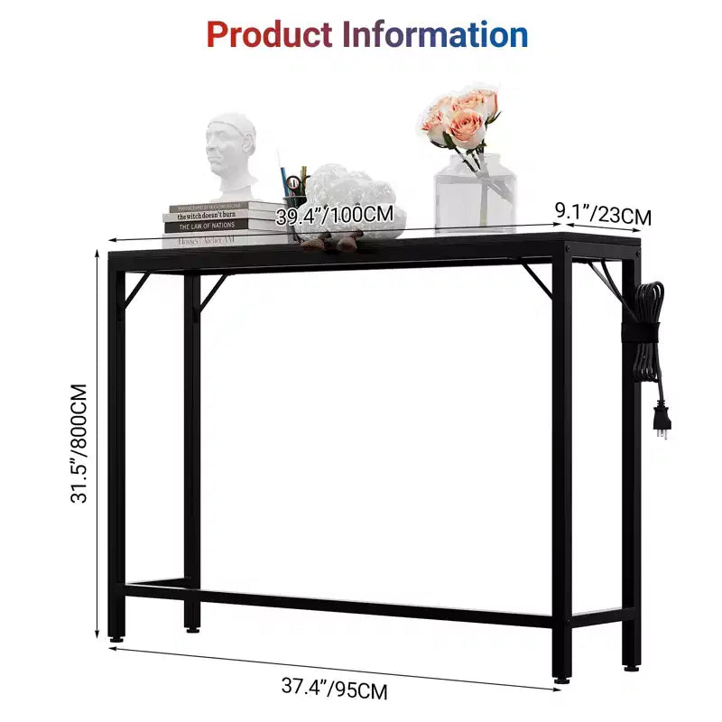 Narrow Black Console Table for Entryway or Sofa Back  Slim Metal and Wood Accent Table for Living Room, Bedroom