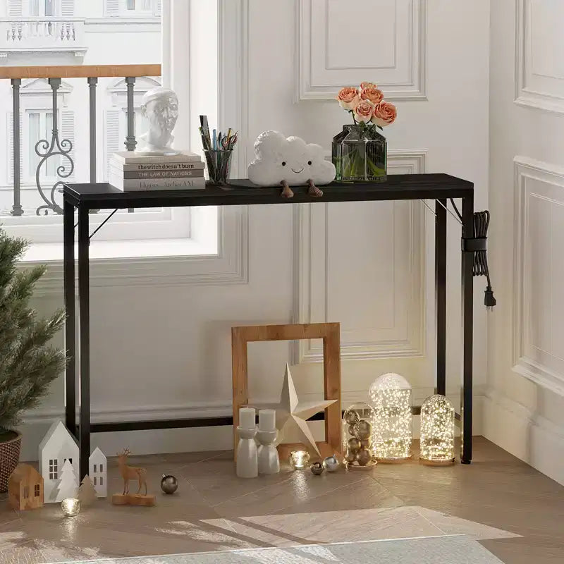 Narrow Black Console Table for Entryway or Sofa Back  Slim Metal and Wood Accent Table for Living Room, Bedroom