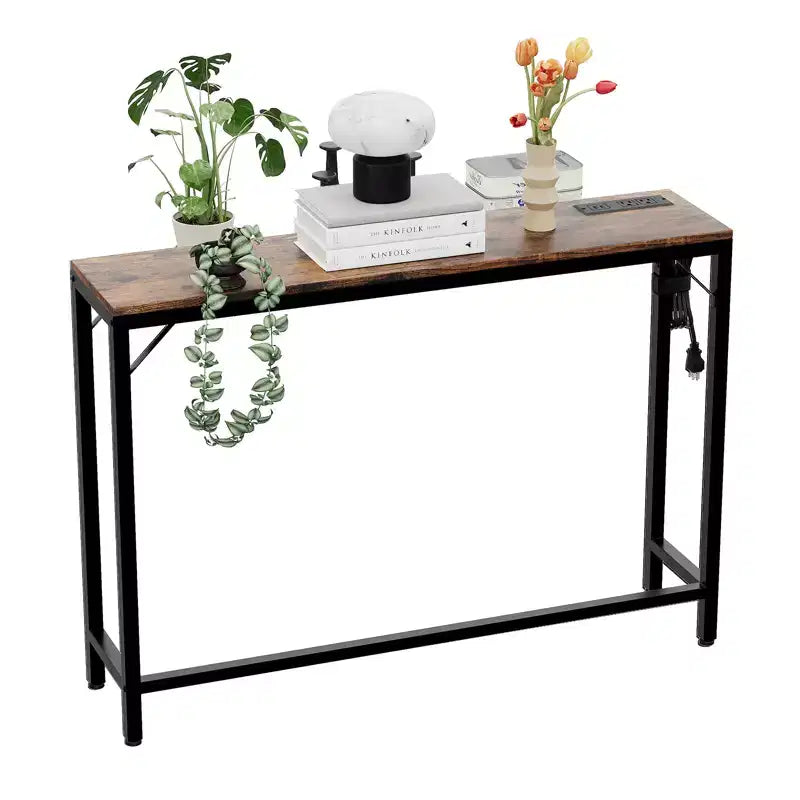 Narrow Black Console Table for Entryway or Sofa Back  Slim Metal and Wood Accent Table for Living Room, Bedroom