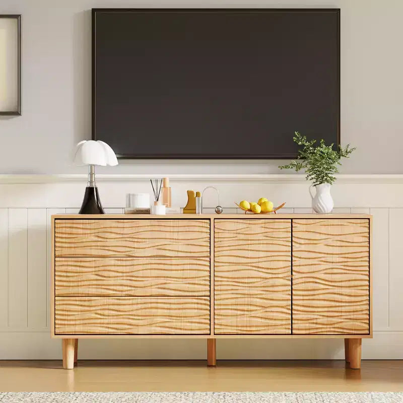 Mid Century 61 Sideboard Buffet Cabinet, Large Kitchen Storage Cabinet with Undulating Groove Design, 3 Drawers, 2 Doors & Adjustable Shelf