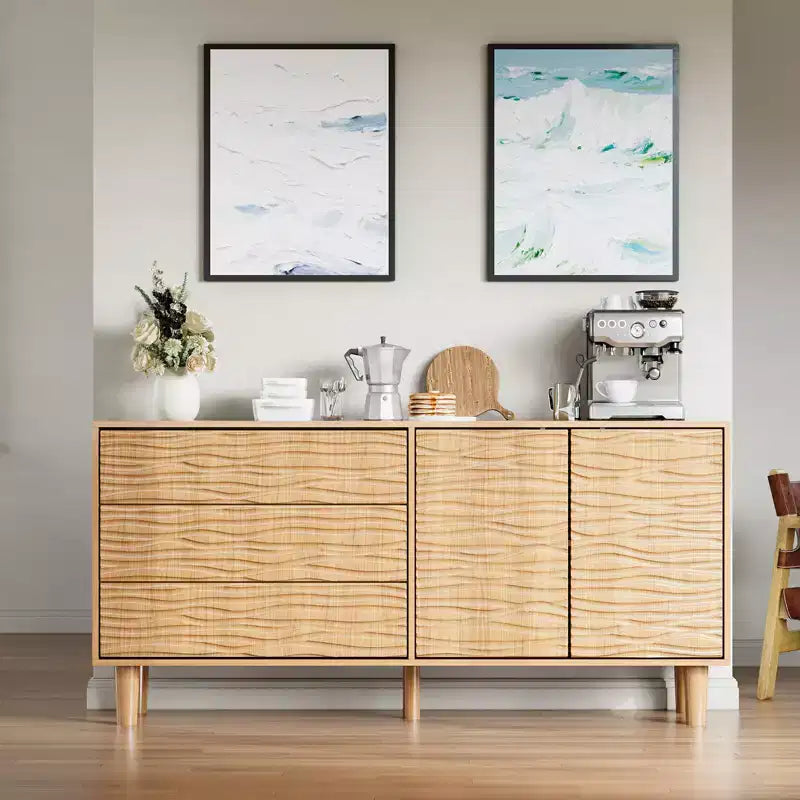 Mid Century 61 Sideboard Buffet Cabinet, Large Kitchen Storage Cabinet with Undulating Groove Design, 3 Drawers, 2 Doors & Adjustable Shelf