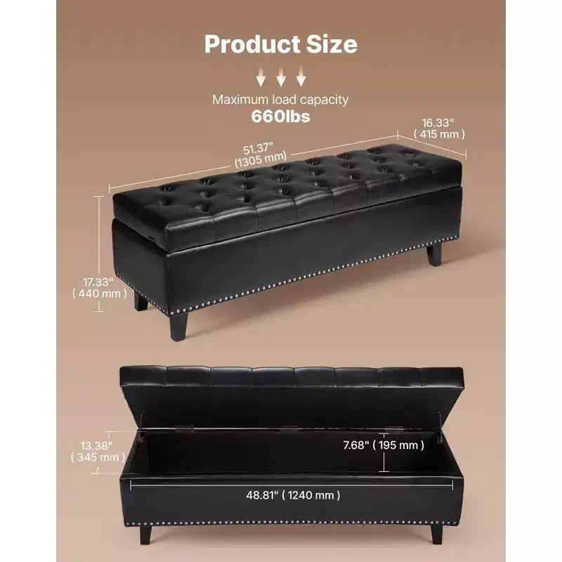 51.37" Storage Ottoman Bench, Black PU Leather Button-Tufted Bench, 300LBS for Entryway/Bedroom