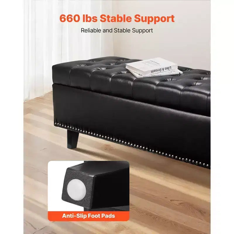 51.37" Storage Ottoman Bench, Black PU Leather Button-Tufted Bench, 300LBS for Entryway/Bedroom