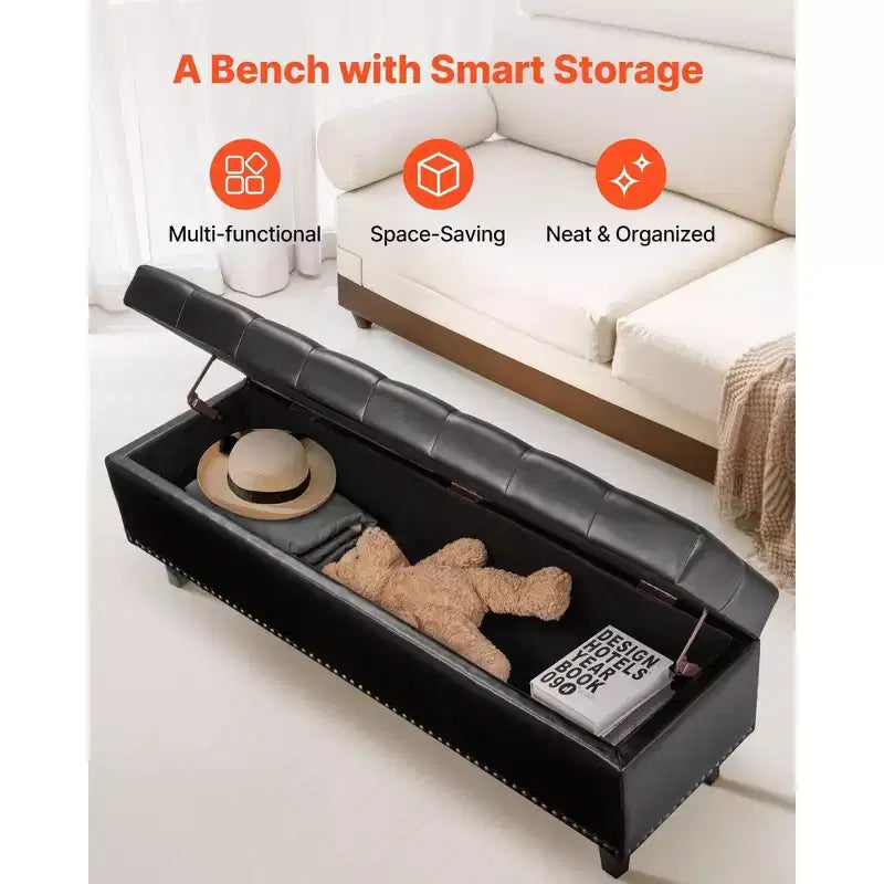 51.37" Storage Ottoman Bench, Black PU Leather Button-Tufted Bench, 300LBS for Entryway/Bedroom