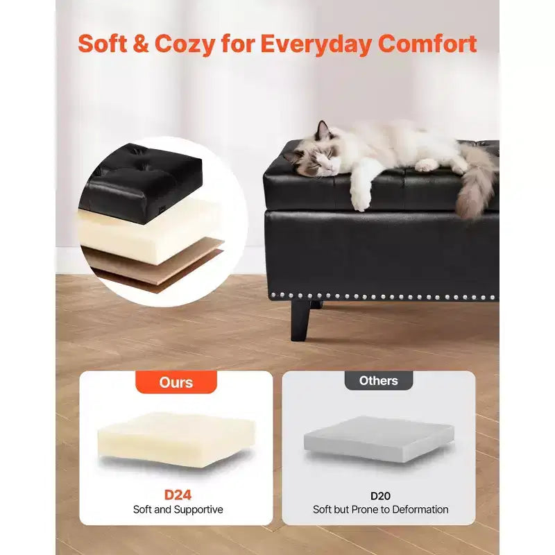 51.37" Storage Ottoman Bench, Black PU Leather Button-Tufted Bench, 300LBS for Entryway/Bedroom
