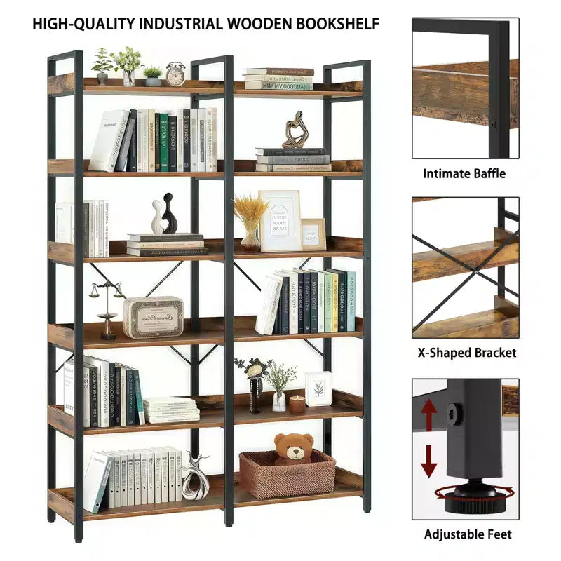 6-Tier Industrial Bookshelf (67) - Wooden Open Shelves, Metal Frame Bookcase, Freestanding Storage Display for Home & Office (Brown)