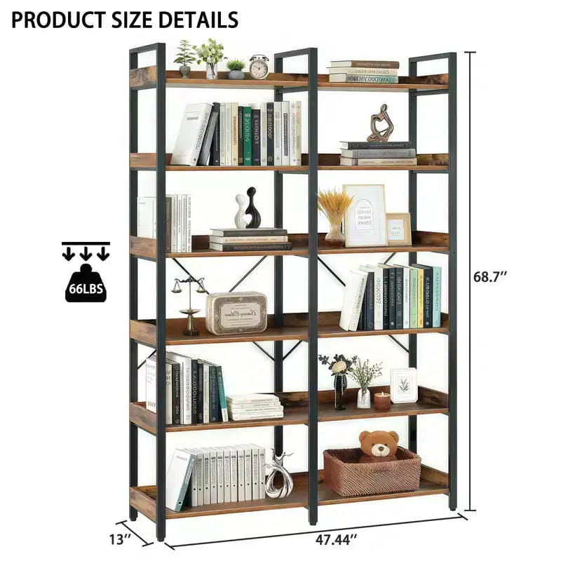 6-Tier Industrial Bookshelf (67) - Wooden Open Shelves, Metal Frame Bookcase, Freestanding Storage Display for Home & Office (Brown)