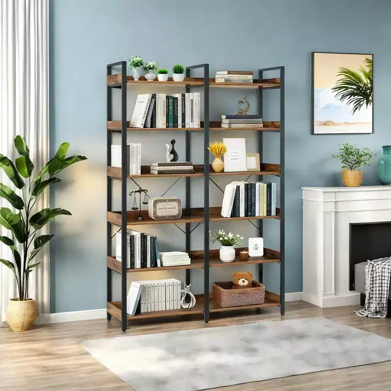 6-Tier Industrial Bookshelf (67) - Wooden Open Shelves, Metal Frame Bookcase, Freestanding Storage Display for Home & Office (Brown)