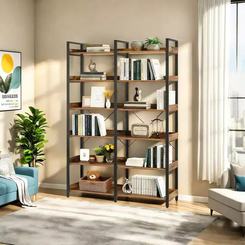6-Tier Industrial Bookshelf (67) - Wooden Open Shelves, Metal Frame Bookcase, Freestanding Storage Display for Home & Office (Brown)