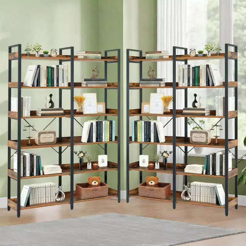 6-Tier Industrial Bookshelf (67) - Wooden Open Shelves, Metal Frame Bookcase, Freestanding Storage Display for Home & Office (Brown)