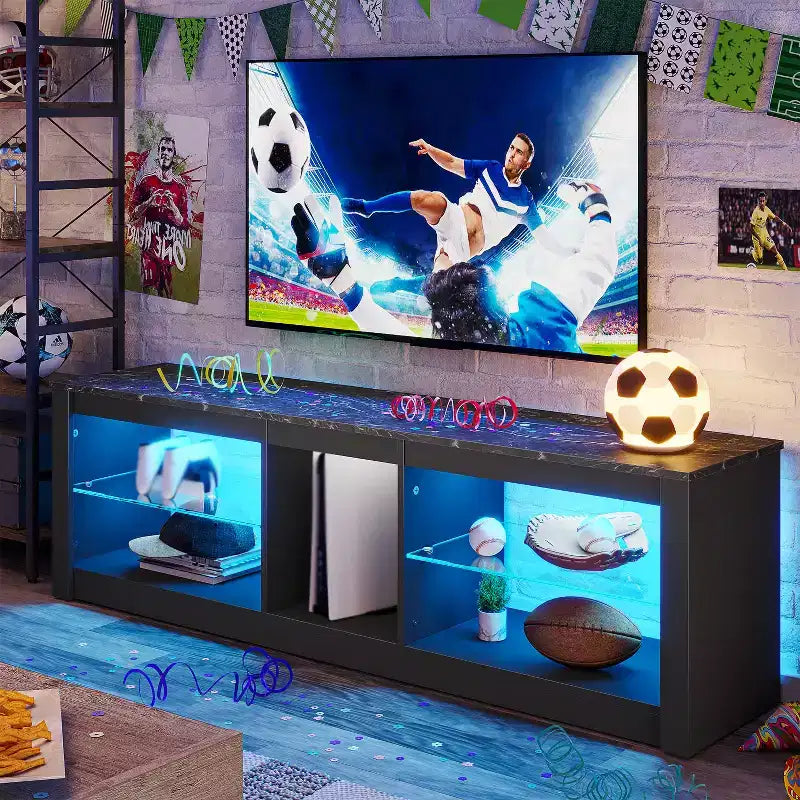 55" TV Stand for TVs up to 60 inch, Gaming Media Console with LED Lights and Glass Shelves