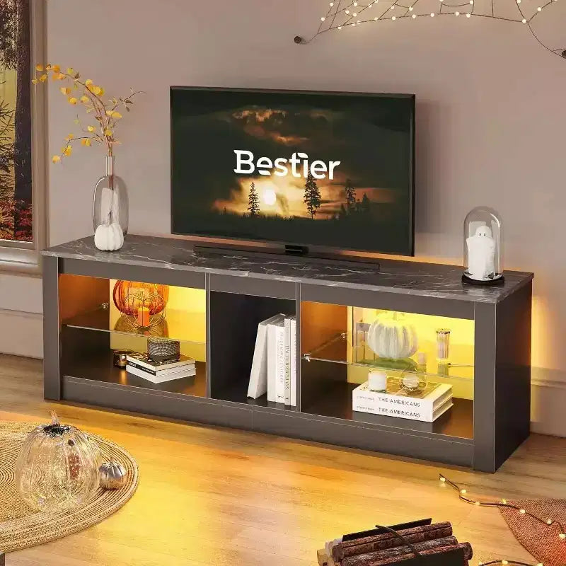 55" TV Stand for TVs up to 60 inch, Gaming Media Console with LED Lights and Glass Shelves