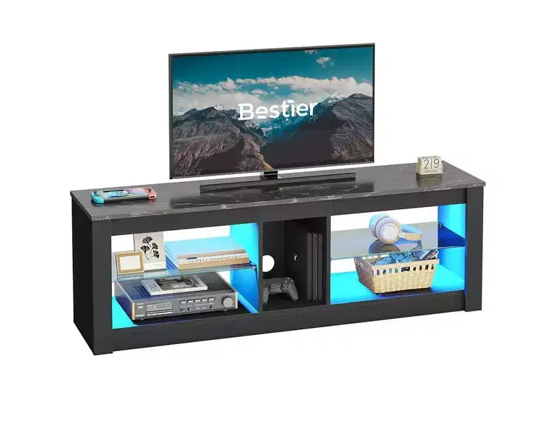 55" TV Stand for TVs up to 60 inch, Gaming Media Console with LED Lights and Glass Shelves